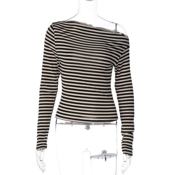 European And American Hot-Selling Color-Block Striped Asymmetrical Neck Long Sleeve T-Shirt For Women 2025 Autumn New_ecoleips.com