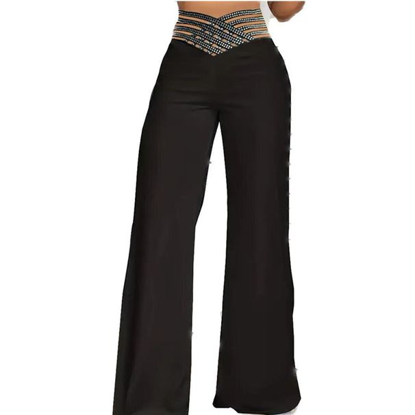 Women's Clothing Ladies Solid Color Fashion Hollow Hot Diamond Mid Waist Casual Wide Leg Pants Trousers_ecoleips.com