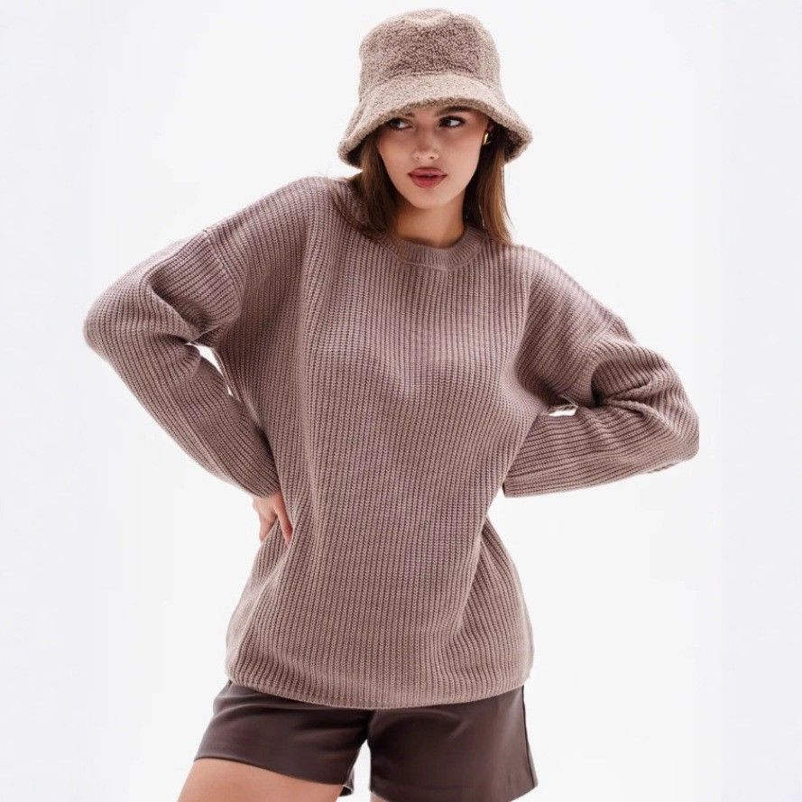 Oversized Knit Sweater – Women’s Relaxed Fit Round Neck Pullover For Autumn & Winter (Paris Apricot/Pink/Dark Gray, One Size, Minimalist Elegance)_ecoleips.com