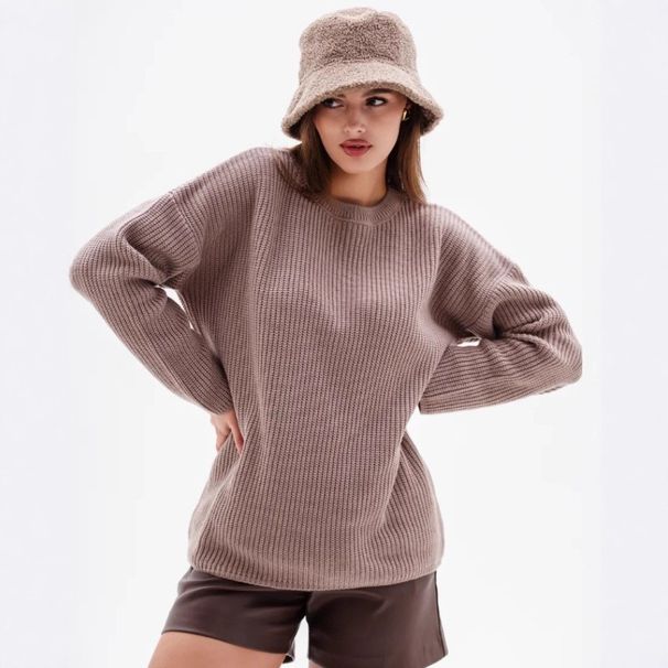 Oversized Knit Sweater – Women’s Relaxed Fit Round Neck Pullover For Autumn & Winter (Paris Apricot/Pink/Dark Gray, One Size, Minimalist Elegance)_ecoleips.com
