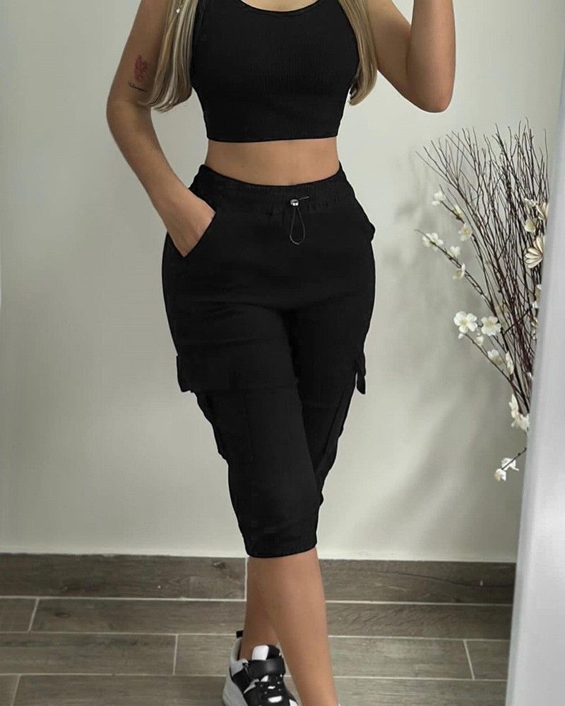 Women’s Clothing tropical slim solid color casual patch pocket lace up elastic waist cropped pants_ecoleips.com