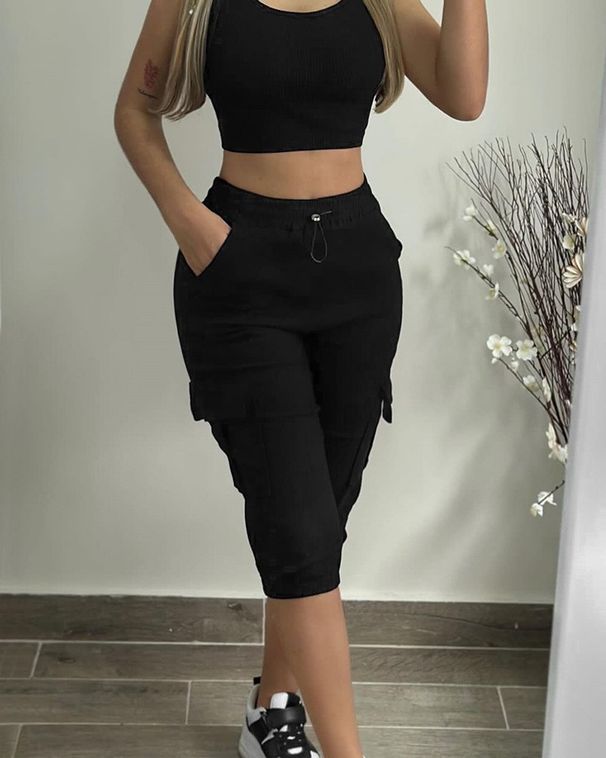 Women's Clothing tropical slim solid color casual patch pocket lace up elastic waist cropped pants_ecoleips.com