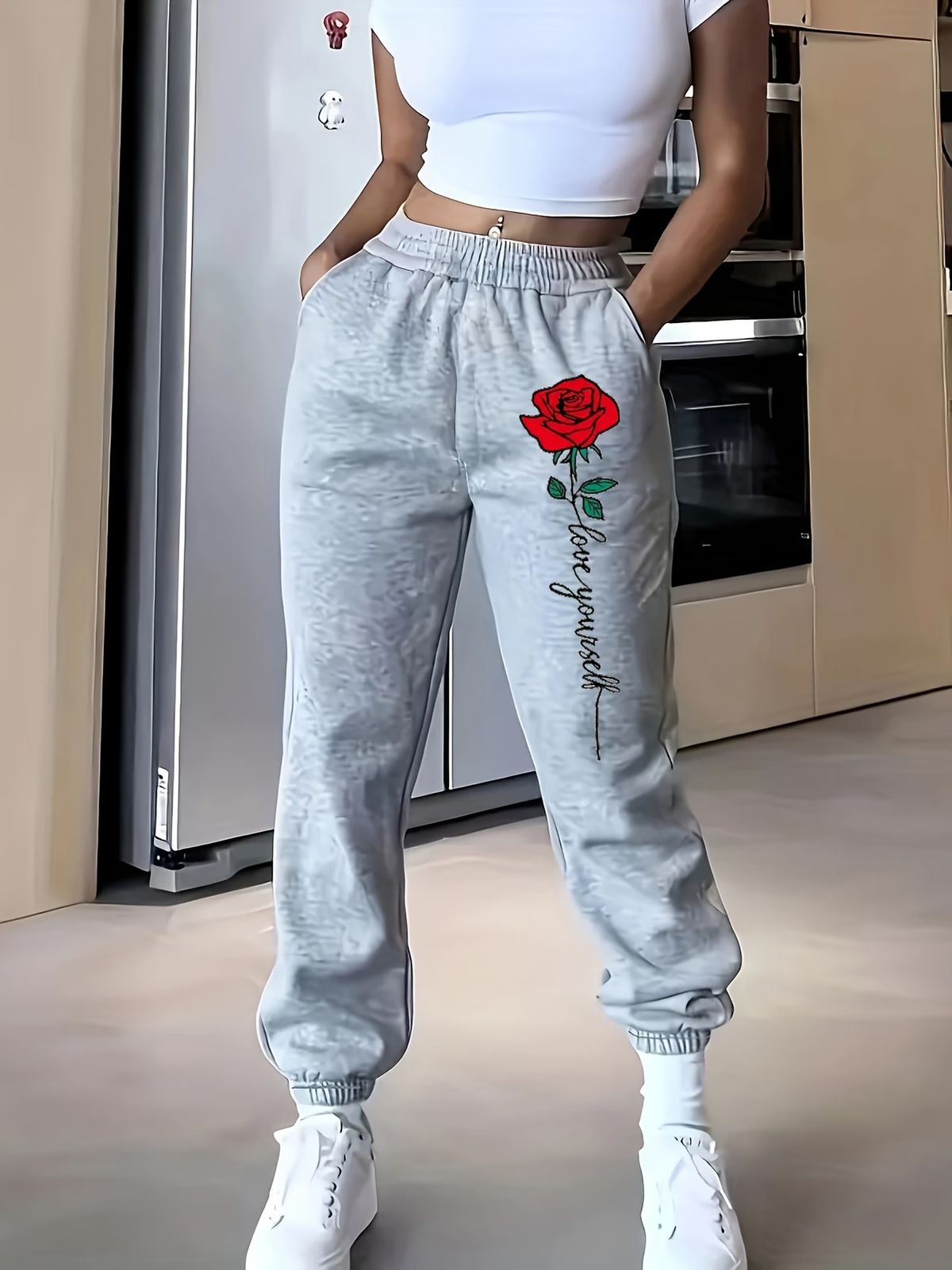 Women's Clothing Women's High-Waisted Elastic Jogging Pants Red Rose Print Loose Fit Long Sweatpants For Formal & Casual For Women_ecoleips.com