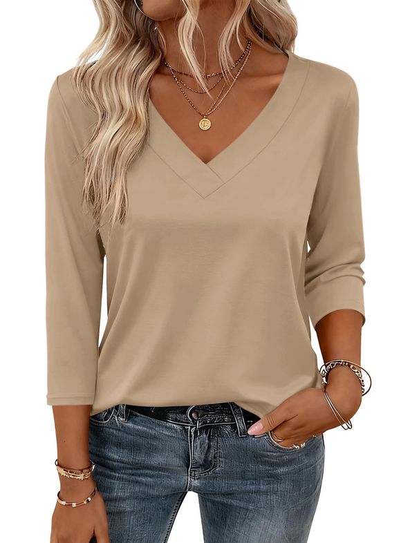 Zeagoo 3/4 Length Sleeve Womens Tops V Neck Shirt Dressy Casual Blouse Basic Tshirts 2026 Fashion Clothing S-2XL_ecoleips.com