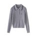 Women's Clothing Retro Knit Sweater Top With Collar & Cable Stitch - Soft & Stylish Fall Fashion In Grey, Navy, Beige & Black (One Size Fits Most)_ecoleips.com