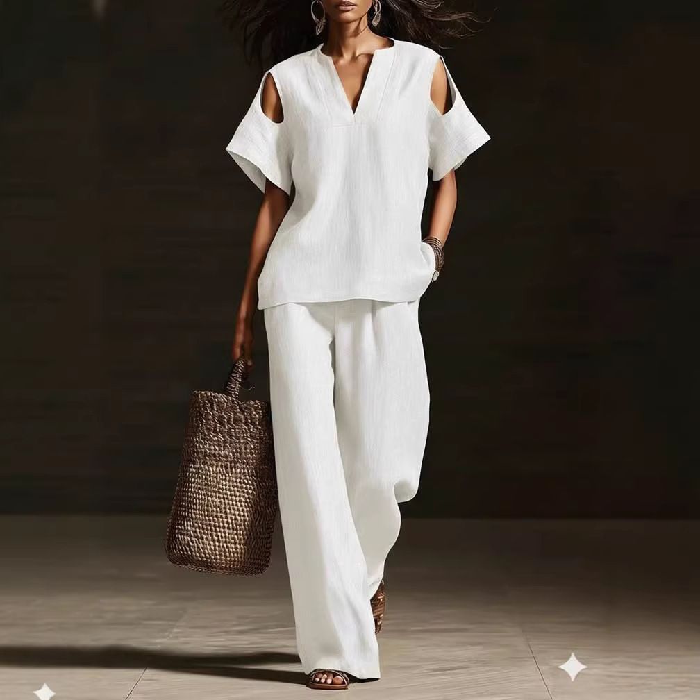 Women's Linen-Blend Distressed V-Neck Two-Piece Set Relaxed Casual Top And Shorts Outfit_ecoleips.com