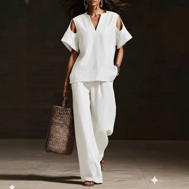 Women's Linen-Blend Distressed V-Neck Two-Piece Set Relaxed Casual Top And Shorts Outfit_ecoleips.com