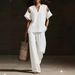Women's Linen-Blend Distressed V-Neck Two-Piece Set Relaxed Casual Top And Shorts Outfit_ecoleips.com