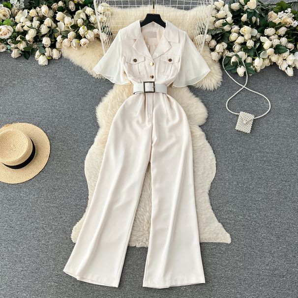 Women's Clothing Jumpsuit Mesh Stitching Dress Collar Waist Elegant Pants_ecoleips.com
