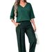 Women's Breathable V-Neck Top And Loose Fit Tropical Print Pants Set Comfortable Knit Two-Piece Outfit for Spring Summer_ecoleips.com