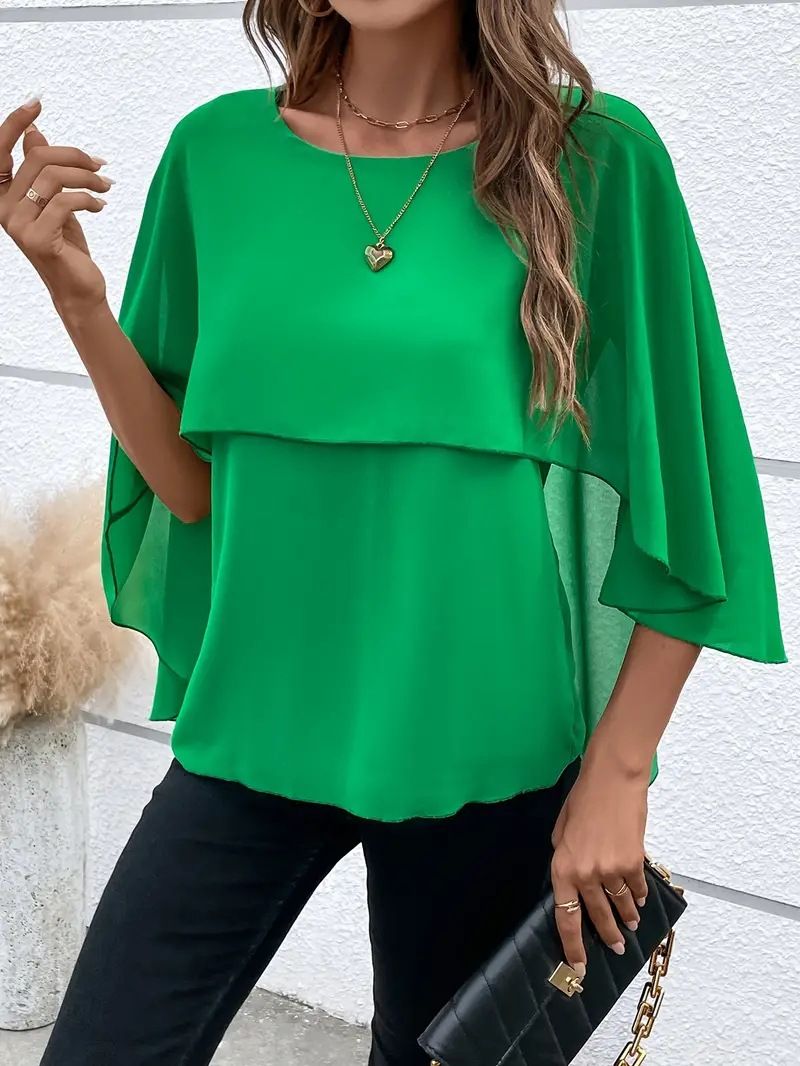Women's Clothing Elegant Solid Color Chiffon Blouse For Women, Flowy Bell Sleeve & Layered Cape Design_ecoleips.com