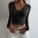 Voya Dark Gray V-neck Ribbed Long-sleeve Top With Black Lace Trim, Stylish Design, Slim-fit Base Shirt For Women,_ecoleips.com