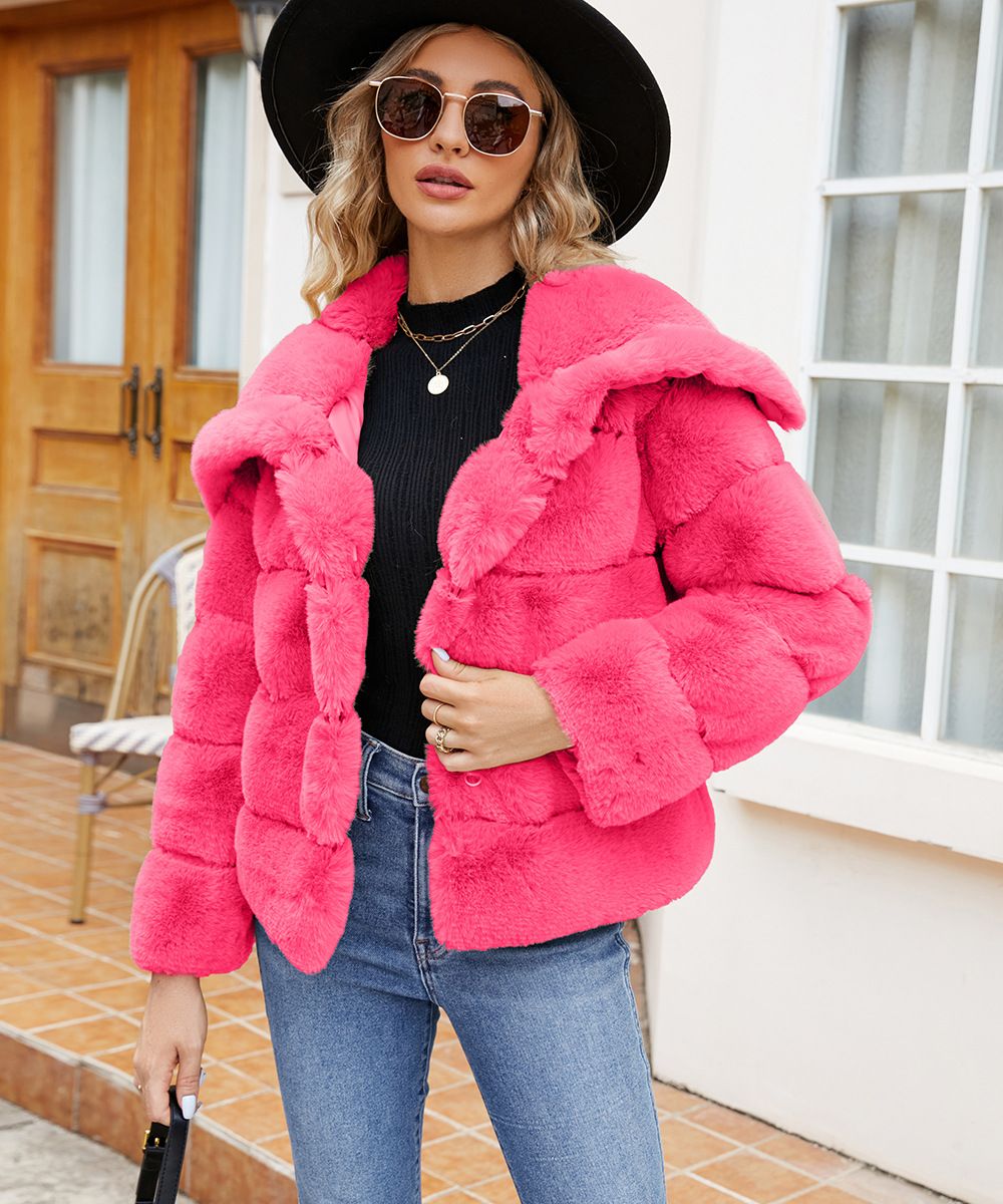 Elegant Faux Fur Cropped Jacket For Women - Winter Fashion Outerwear With Lapel Collar, Plus Size Options (Black/Rose/Pink/Purple/Grey/Khaki)_ecoleips.com