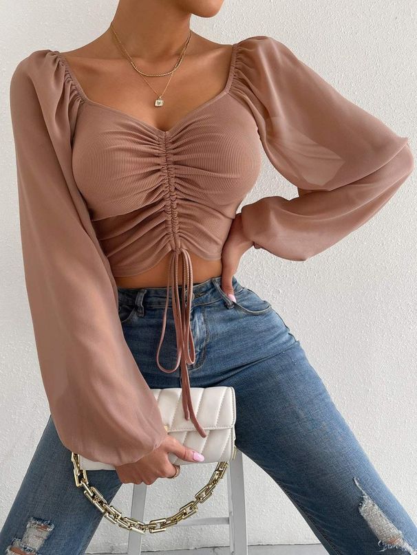 Women's Clothing New V neck Chiffon Drawstring Lantern Sleeve Tight Fashion Sexy Shirt Tops_ecoleips.com