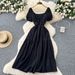 Women's Clothing Hollow Embroidery Square Collar Puff Sleeve Dress Waist Slimming Temperament Holiday Long Dress_ecoleips.com