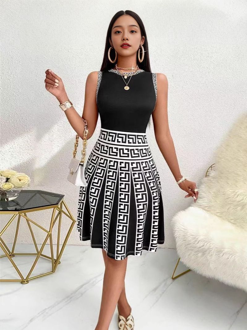 Women's Elegant Knitted Short Skirt With Contrast Color Printing Round Neck A-Line Sleeveless Dress For Commuting_ecoleips.com