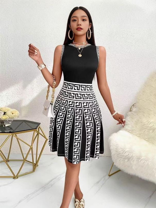 Women's Elegant Knitted Short Skirt With Contrast Color Printing Round Neck A-Line Sleeveless Dress For Commuting_ecoleips.com