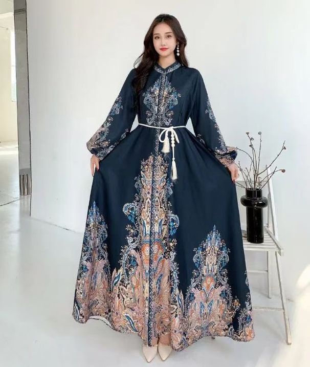 Women's Retro Court Style Lantern Dress Long Sleeve Slim Waist Single Breasted Button down Print New Spring Autumn_ecoleips.com