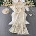 Luxury Embellished Lace Blouse & Mermaid Skirt Set – Elegant V-Neck & Tailored Waist | Blue & Beige | M-4xl_ecoleips.com