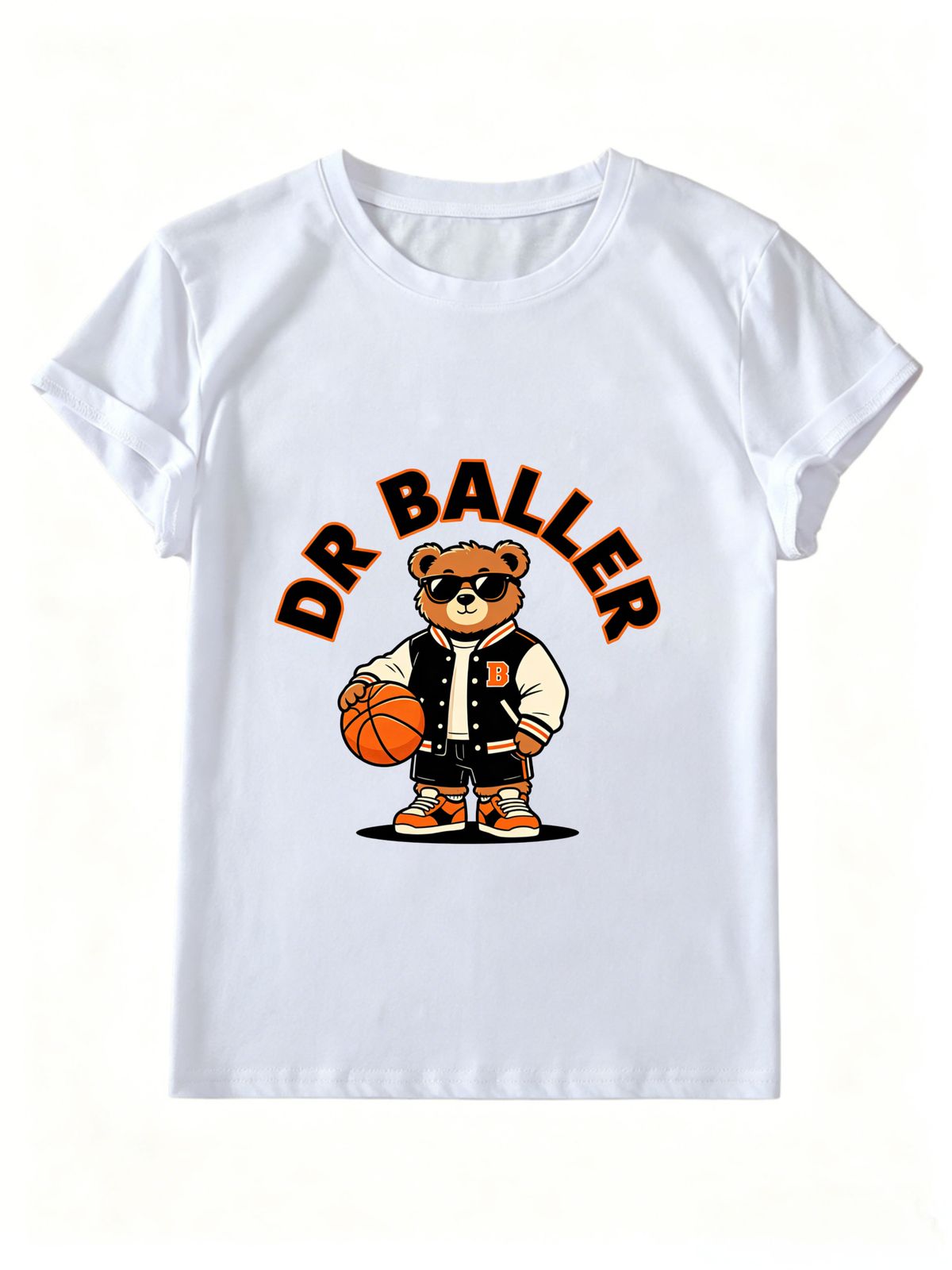 Women Summer Crew Neck Short Sleeve T-Shirt, DR BALLER Basketball Bear Varsity Jacket Graphic Print Casual White Streetwear Loose Tee Top_ecoleips.com