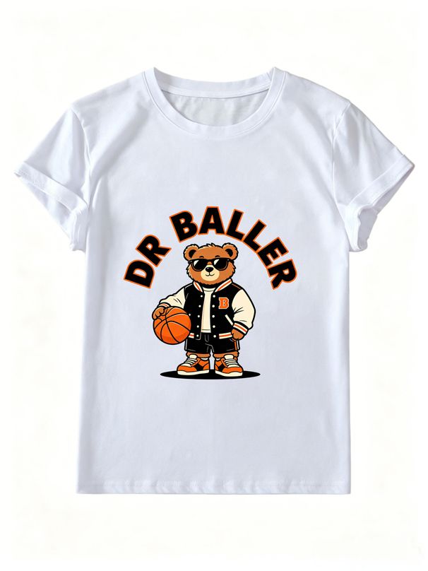 Women Summer Crew Neck Short Sleeve T-Shirt, DR BALLER Basketball Bear Varsity Jacket Graphic Print Casual White Streetwear Loose Tee Top_ecoleips.com