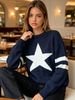 Star Striped Rib Knit Sweater, Loose Casual Jumper_ecoleips.com