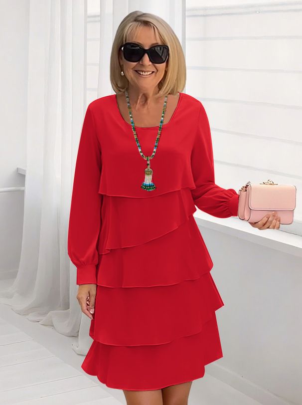 Elegant Flowy Cake Dress For Women - Comfortable Loose Fit Round Neck Long Sleeve Midi Dress In Solid Colors_ecoleips.com