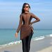 Muslim Swimsuit European Style Long Sleeve Swimsuit Set With Skirt For Women Fashionable Color Block Design With Chest Pad_ecoleips.com