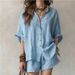 Women's Solid Color Button down Shirt And Shorts Set European American Style Spring/Summer Casual Fashion Loose Fit Pant Suit_ecoleips.com