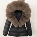 Luxury Faux Fur Trim Hooded Down Jacket For Women, Slim Fit Waist Belt, Warm Winter Coat With Detachable Fox Fur Collar, Polyester Shell_ecoleips.com