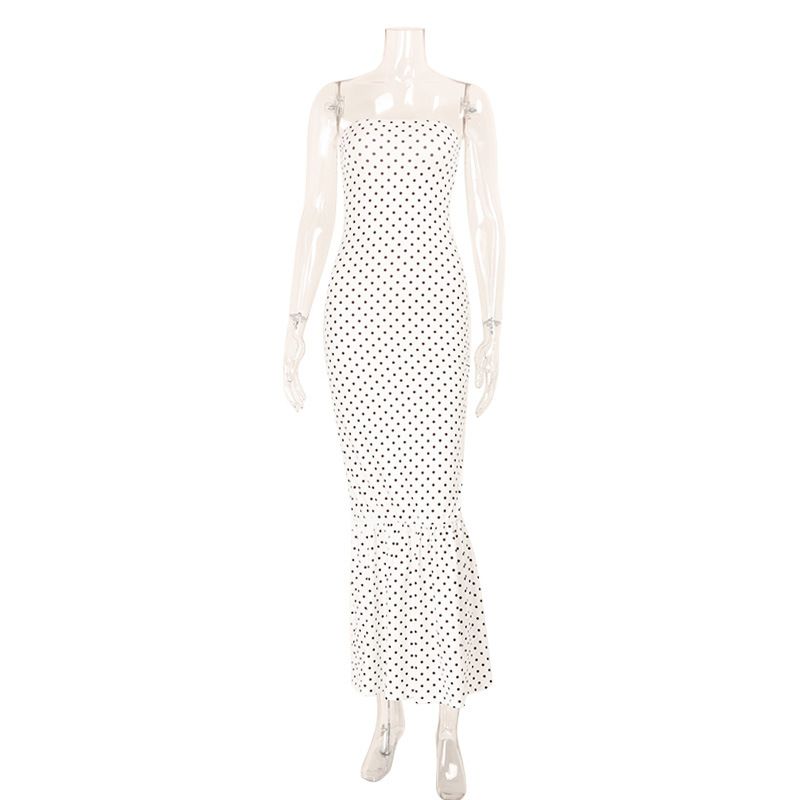 Women's Summer Fashion Polka Dot Strapless Slim Fit Pleated Patchwork Bodycon Dress European American Style Elegant Thin Dress_ecoleips.com