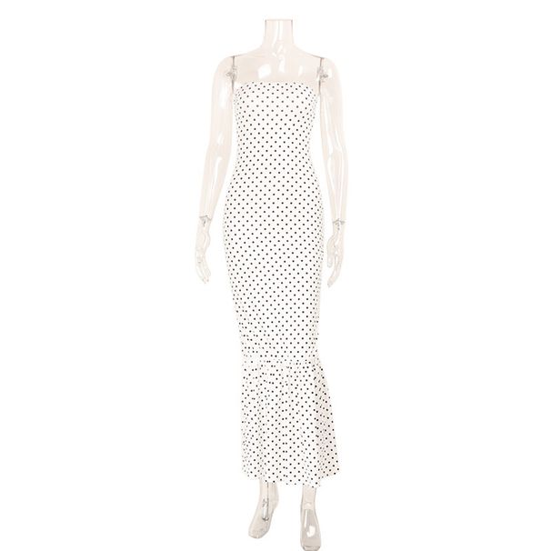 Women's Summer Fashion Polka Dot Strapless Slim Fit Pleated Patchwork Bodycon Dress European American Style Elegant Thin Dress_ecoleips.com