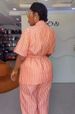 Women's Stripe Lapel Shirt & High-Waisted Wide-Leg Pants Set – Spring Casual Outfit (Blue/Pink/Coral, Sizes S-XXL)_ecoleips.com