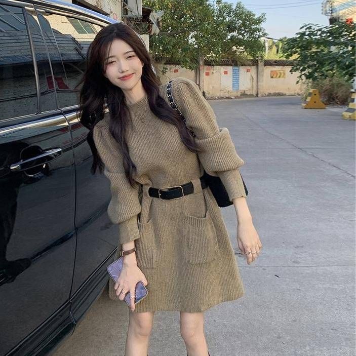 Chic Two-Tone Knit Dress With Free Belt – Oversized Fit Boho Tunic (Black/White/Red, One Size)_ecoleips.com