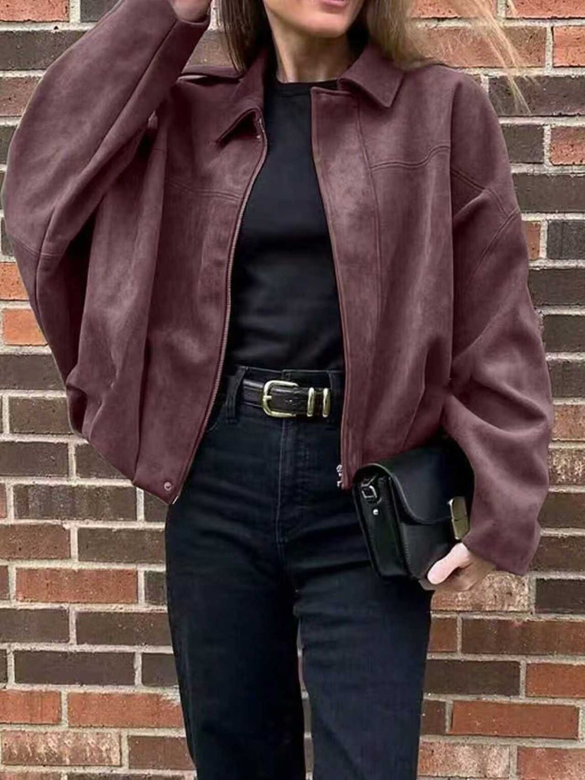 2027 Fashion European-USA Style Outerwear Vintage Coat Women Lapel Pure Color Bomber Batwing Sleeves Soft Suede-Like Texture Streetwear Zip-Up Jacket_ecoleips.com