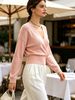 Blush Pink Deep V Wrap Pit Rib Knit Sweater, Loose Lightweight Breathable Soft Skin-touch Long Sleeve Waist Cuff Pullover_ecoleips.com