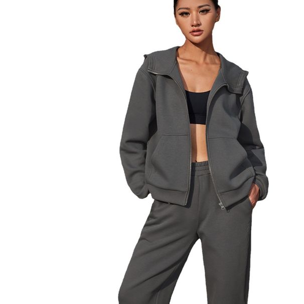 Voya Women's Two Piece Tracksuit Set – Grey Hooded Zip-Up Sweatshirt & Wide Leg Joggers, Casual Loungewear, EU Daily Active Wear_ecoleips.com