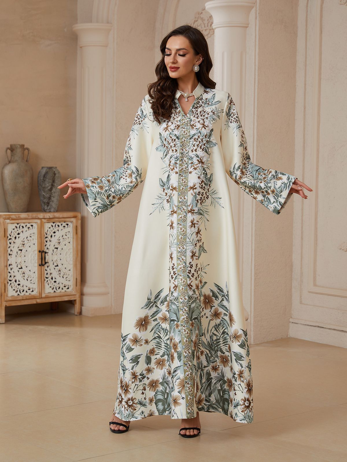 plus Size Women's Fashion Robe Dress SW2608 Long Sleeved Printed with Rhinestones New Style Muslim Clothing_ecoleips.com