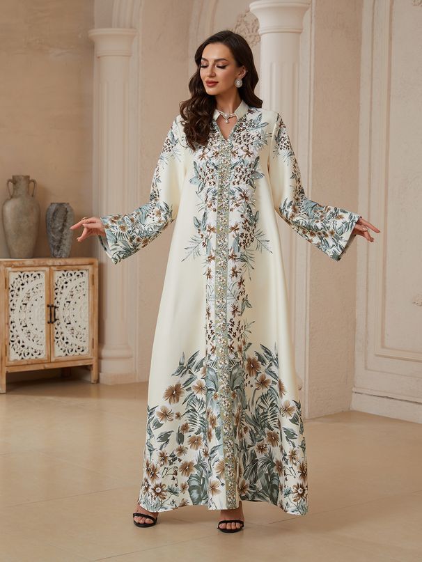 plus Size Women's Fashion Robe Dress SW2608 Long Sleeved Printed with Rhinestones New Style Muslim Clothing_ecoleips.com