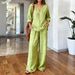 Women's Casual Cotton Pants Set V Neck Pullover Long Sleeve Top Multiple Colors Washed Effect Clothing_ecoleips.com