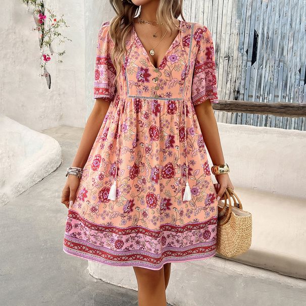 DiYun European And American Women's Clothing 2024 Spring/Summer Resort Style Printed Short-Sleeve_ecoleips.com