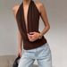French-style Commuter Brown Halter Neck Draped Tank For Women 2026 Spring/Summer Designer Knit Backless Swing Collar Top_ecoleips.com