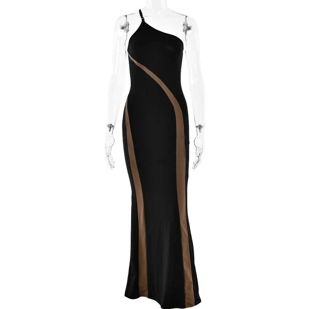 Sexy Elegant Women Bodycon Dress Asymmetric One‑Shoulder Design Open Back Patchwork Details Fashion Slimming Tight Party Dress_ecoleips.com