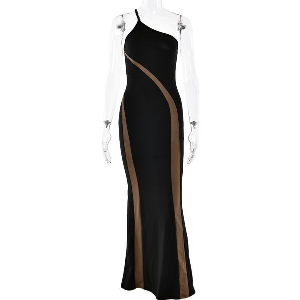 Sexy Elegant Women Bodycon Dress Asymmetric One‑Shoulder Design Open Back Patchwork Details Fashion Slimming Tight Party Dress_ecoleips.com