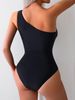 Women's Sexy One-Shoulder One-Piece Swimsuit – Slim Fit, High-Cut & Monochrome Black For Beach & Pool (S/M/L/XL)_ecoleips.com