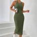 Women's Crew Neck Solid Sleeveless Spaghetti Strap Dress Knit Ribbed Longline Slim-Fit Casual Sports Tank Dress_ecoleips.com