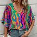 Women's new V-neck blouse summer fashion large floral color block elegant shirt_ecoleips.com