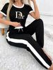 Women's Casual Sporty Two-Piece Set Short Sleeve Top Comfortable Pants Black White-1S_ecoleips.com