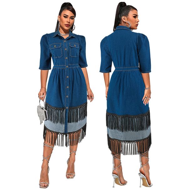 Women's Clothing Plus Size Women's Denim Long Dress With Collared Short Sleeve Tassel Two Tone Design For Formal & Casual For Women_ecoleips.com
