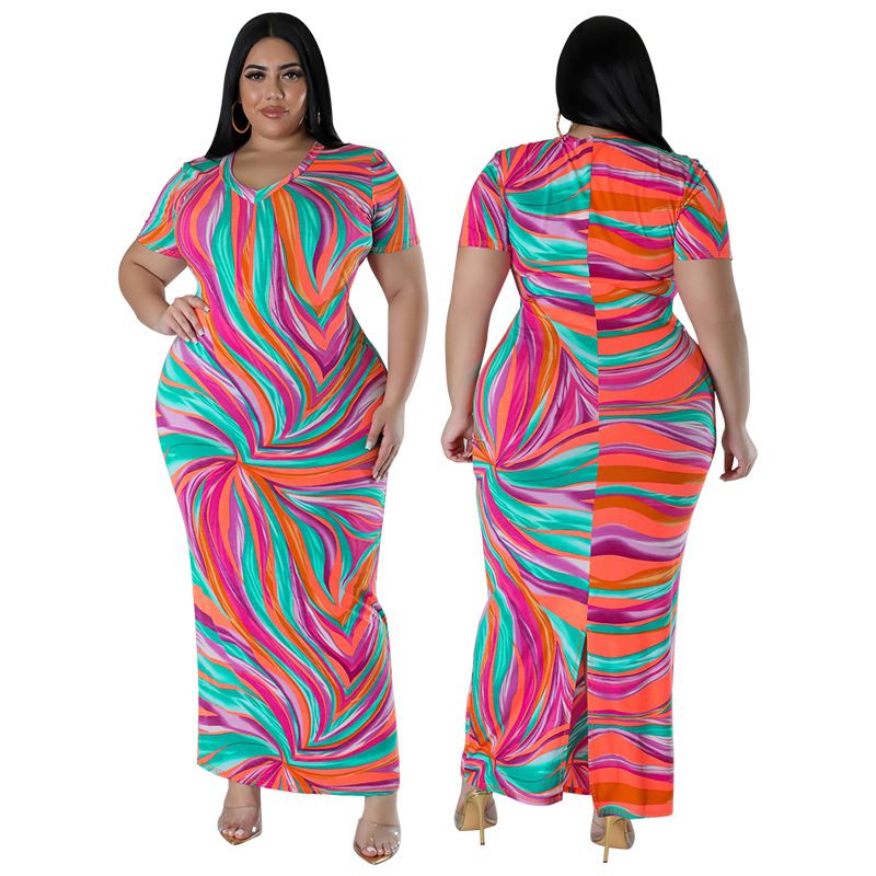 Women's Clothing Plus Size Knitted Dress Geometric Pattern Digital Print V Neck Short Sleeve Slit Skirt Style_ecoleips.com